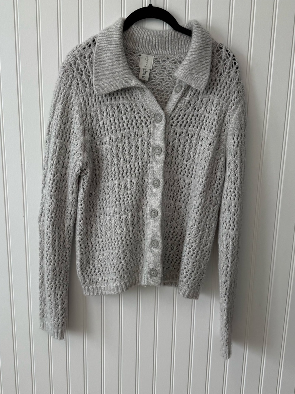 Joie Gray Open Knit Crochet Collared Cardigan Button Front Sweater Size M